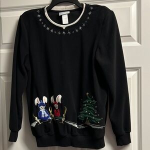 Alfred Dunner Black Sweater with Festive Bunny and Tree